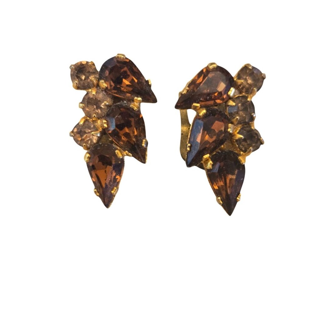 Vintage Austria Amber and Crystal Rhinestone Clip On Earrings Marquise and Round